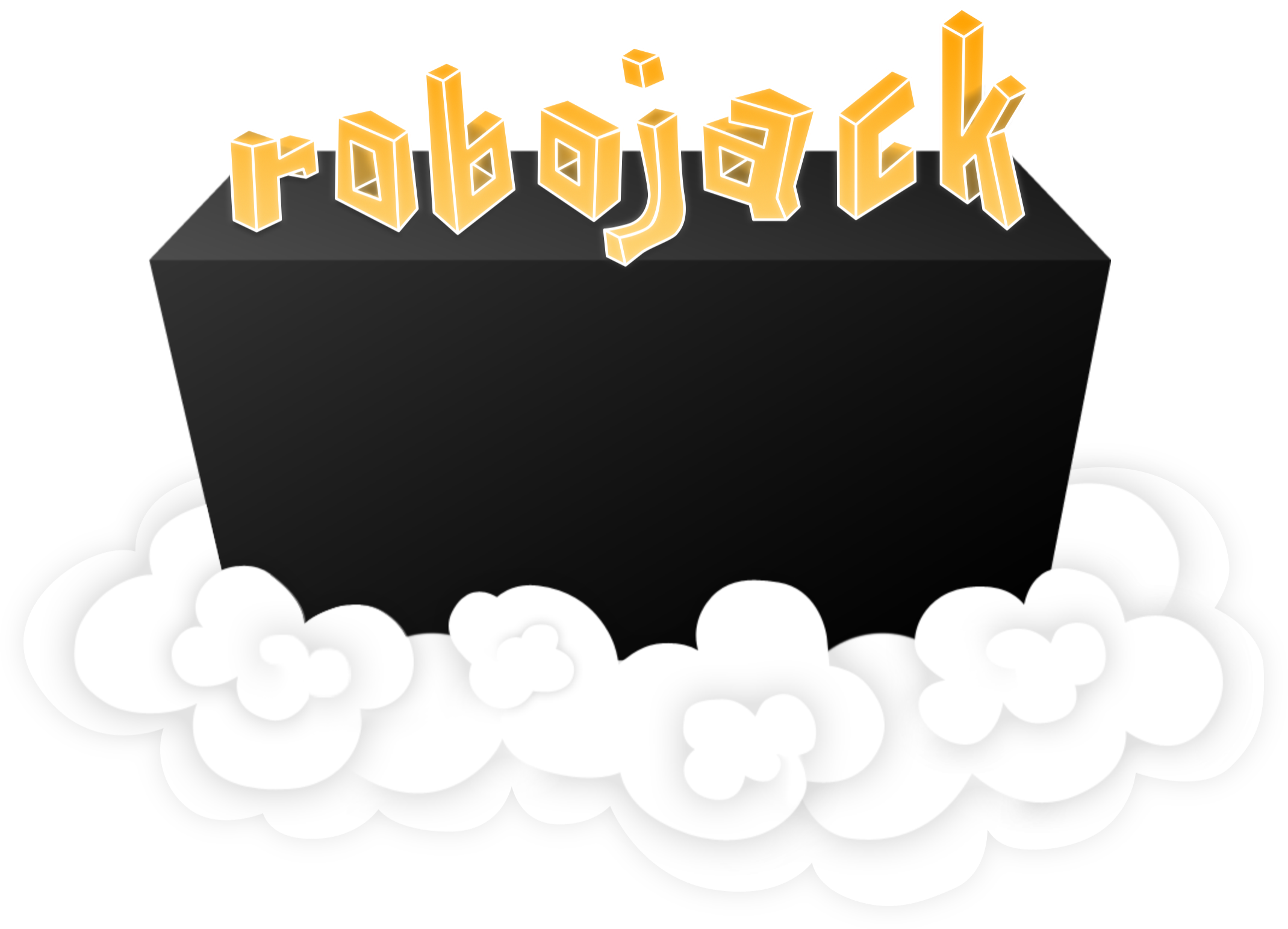 The word 'robojack' in a playful isometric treatment sitting on a short black monolith floating on a stylized cloud